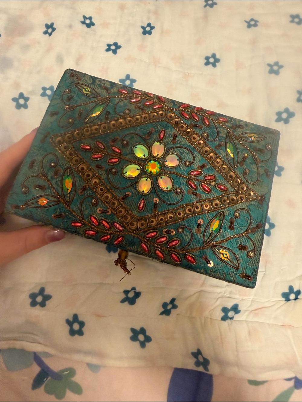Embellished Teal Jewelry Storage Box with Gem Accents
